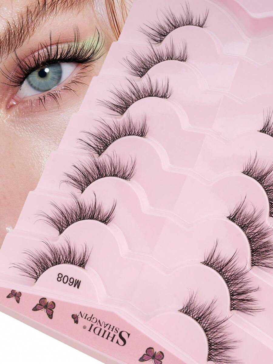 SHIDISHANGPIN 7 Pairs Natural Spiky Half-Length Cat Eye Long 3/4 Tail Clear Stem False Eyelashes, Suitable For Women And Wives For All-Day Wear - View 1