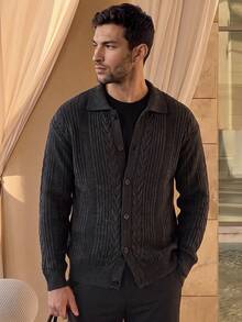 Jaket Kardigan Rajut Kabel Vertikal Vintage Pria, Sweater Longgar Bertekstur Hitam Abu-abu - Hitam - View 9