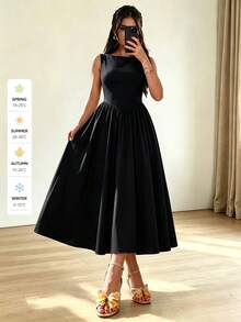 QIANZHIDU SUNSTORY Women's Autumn Black Boat Neck Sleeveless Cinched Waist A-Line Midi Dress, Suitable For Dates, Parties, Homecoming, Daily Wear - 黑色 - 查看 4