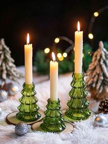 1pc Green Glass Christmas Tree Shaped Conical Candle Holder, Desktop Candle Holder, Christmas Home Desktop Decor, Holiday Party Decoration Ornament - Multicolor - View 4