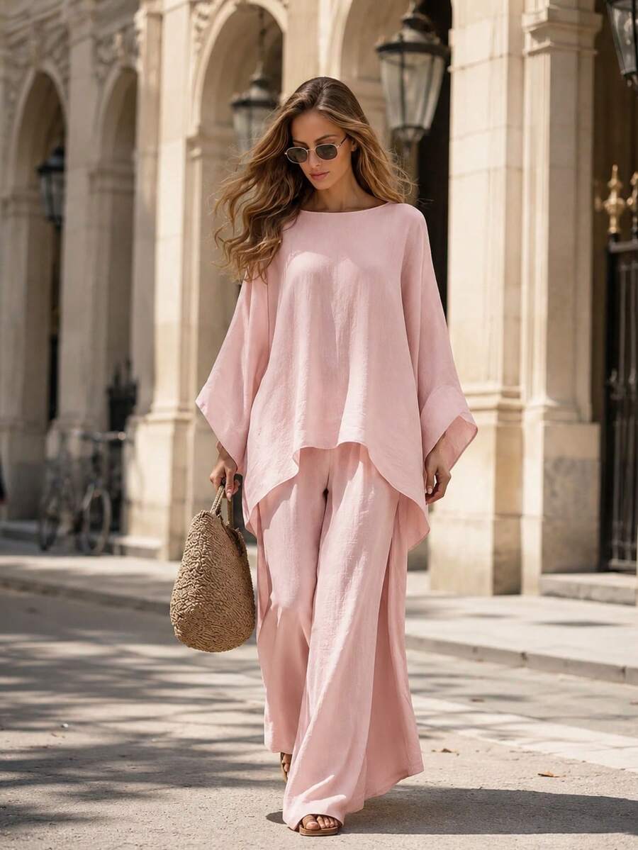 Pink Loose Batwing Sleeve Wide Leg Pants 2 Pieces Set, Elegant Autumn Vacation Commute Lazy Outfit For Women - Pink - View 1
