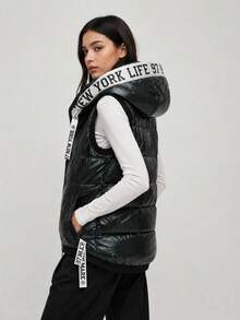 Women's Hooded Puffer Vest, Bubble Fit, Knitted Cuffs, Zip Front, 2 Pockets, Longer Back, Synthetic Down, Spring Autumn Casual - Dark Grey - View 2