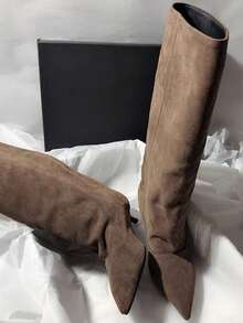 French Blogger Style Pointed Toe Wide Shaft Knee-High Boots, Nordic Kitten Heel Riding Boots For Women - Brown - View 3