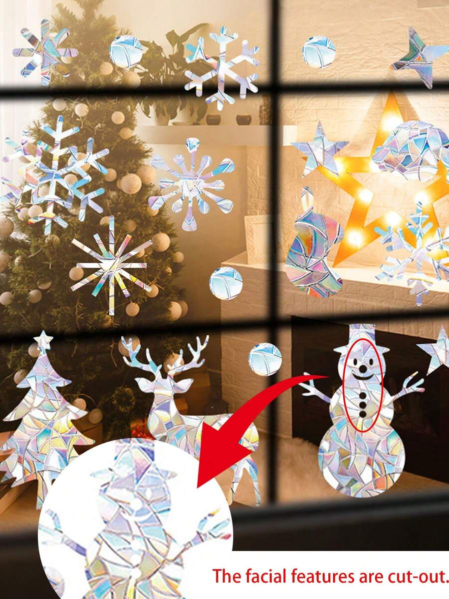 Christmas-Themed Iridescent Static-Cling Window Decal (Reusable); Suitable For Christmas Party Decor, Glass Decorations, Party Favors, Floor-To-Ceiling Window Styling, And Home Decoration To Create A Festive Atmosphere. - Multicolor - View 1