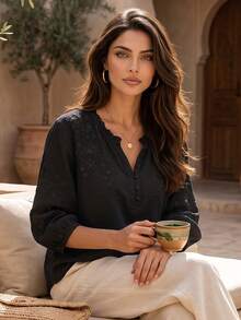 Women's Spring Summer Autumn Elegant Vintage Casual Boho Embroidered Blouse, Commute Holiday Vacation Daily Outing Viscose Embroidered Lightweight Loose Artistic Vintage Mid-Sleeve Shirt Top, Casual Woman, Country Outfits Women, Tops - Black - View 2
