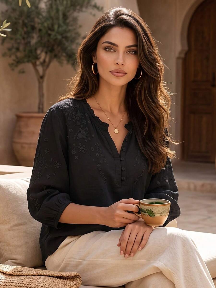 Women's Spring Summer Autumn Elegant Vintage Casual Boho Embroidered Blouse, Commute Holiday Vacation Daily Outing Viscose Embroidered Lightweight Loose Artistic Vintage Mid-Sleeve Shirt Top, Casual Woman, Country Outfits Women, Tops