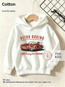 Kids Hooded Sweatshirt, Vintage Racing Style Red Racing Letter Print Thick Fleece Lined Pullover - White - View 9