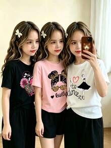 3pcs Young Girl Cartoon Print Short Sleeve Set - Multicolor - View 1