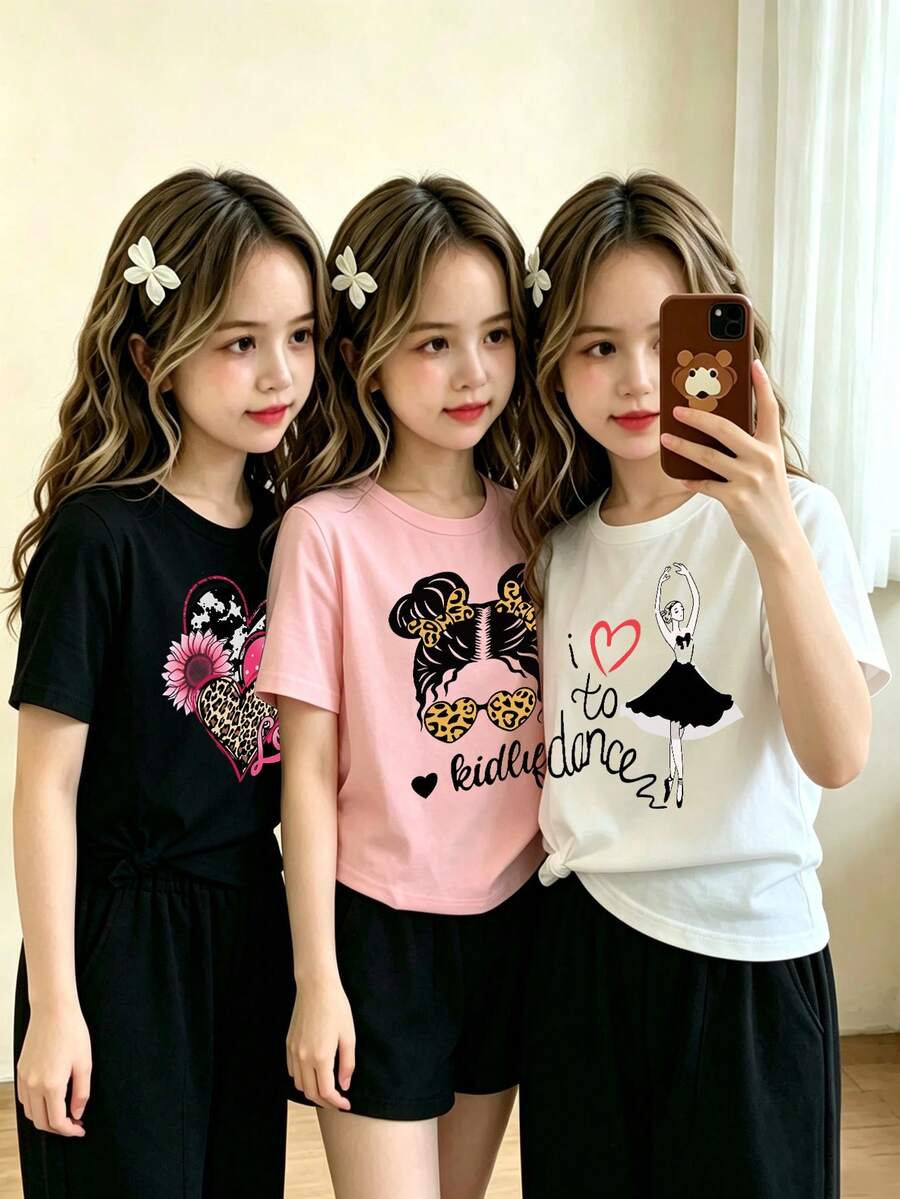 3pcs Young Girl Cartoon Print Short Sleeve Set - Multicolor - View 1