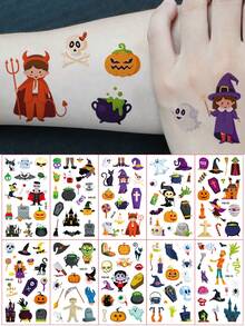 10 Lembar, Stiker Tato Pola Kartun Halloween, Tato Sementara Pola , Hantu, Kelelawar, Zombie, Kucing yang Lucu, Stiker Tato Palsu Tahan Air untuk Riasan Pesta Halloween - MultiWarna - View 10