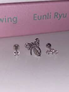 1pc Balletcore Bow Rhinestone Cartilage Ear Stud, Niche Silver Sweet Cool Earring For Women - Bow Earrings - View 6