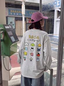 Women's Fashion Autumn/Winter Loose Fit Versatile Round Neck Cute Cartoon Print Long Sleeve T-Shirt Casual - Light Gray - View 2