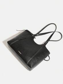 Tote Bag With Contrast Stitching And Metal Plaque Decor, Handheld Shoulder Large Capacity Multi-Compartment Storage, Open Top Closure, Minimalist Commuter Intellectual Style, Tote Bag, Women's Office Commute School Business Trip Daily Travel, Elegant Textured Versatile Popular Office Bag - Black - View 5
