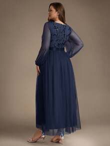 EVERPRETTY Plus Size Elegant Luxury Heavy Beaded Embroidered Mesh Patchwork Long Sleeve Navy Blue Formal Evening Gown Suitable For Party Wedding Guest - Navy Blue - View 4