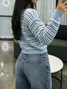 FOR BEAUTY Fall Winter Women Knit Tops Elegant Casual Vacation Light Blue Striped Round Neck Loose Sweaters Pullover Daily Outfits - Multicolor - View 6