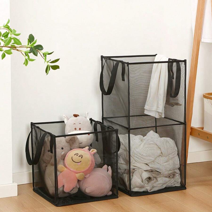 1pc Black Mesh Laundry Basket, Large Square Foldable Dirty Clothes Hamper, Portable Single/Double Layer Handheld Household Bathroom Laundry Storage