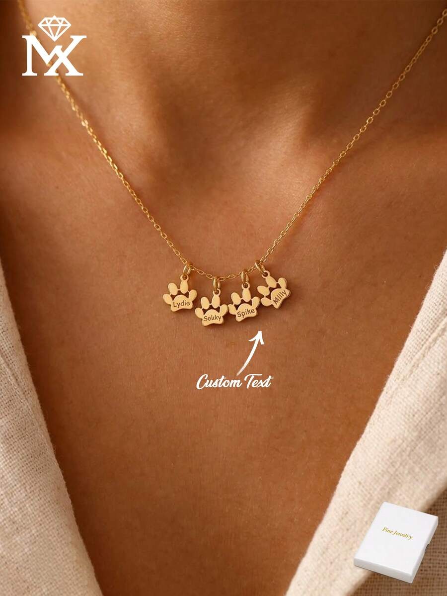 Custom Animal Paw Print Engraved English Name Necklace, Pet Lover Gift, Stainless Steel Pendant, Christmas Pet Lover, Suitable For Daily Wear, Ideal Gift For Valentine's Day And Christmas - Yellow Gold - View 1