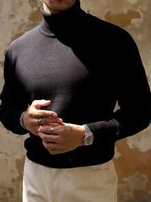 Men's Autumn/Winter Fashion High Neck Long Sleeve Sweater - Black - View 6