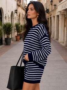 YuwenierPOP Bohemian Style Casual Deep Blue & White Striped Hollow Knit 2-Piece Set, Round Neck Long Sleeve Loose Top With Drawstring Elastic Shorts, Vacation Autumn Campus Style - Navy Blue - View 4