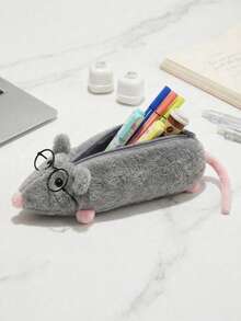 Mouse Shape Plush Pencil Case With Glasses Stationery Storage Bag Office Desktop Organizer For Students Teens,Office Supplies,School Supllies - Slimming Mouse Pencil Case + Wire Glasses - View 1
