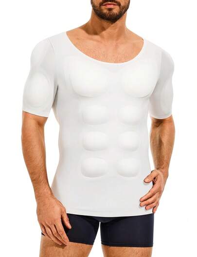 Nebility Men's Padded Compression Shirt Short Sleeve Fake Muscle Shaper, Removable Pads, Seamless Crew Neck, 4-Way Stretch, Invisible Under Tees