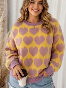 Women's Plus Size Colorblock Heart Sweater, Round Neck, Long Sleeve, Comfortable Knit - Pale Yellow - View 1