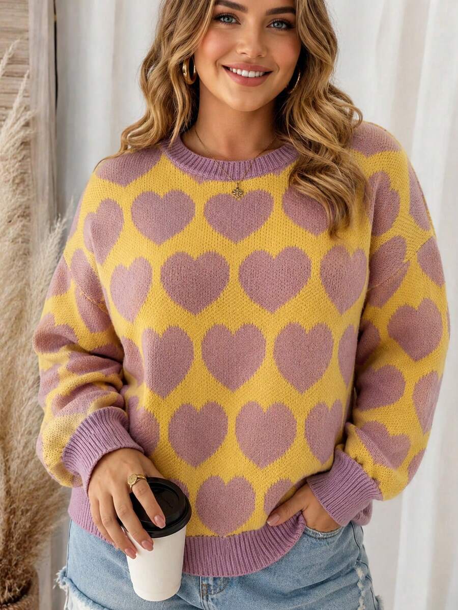 Women's Plus Size Colorblock Heart Sweater, Round Neck, Long Sleeve, Comfortable Knit - Pale Yellow - View 1