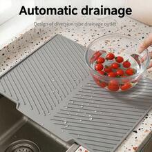 1pc Kitchen Countertop Silicone Drain Mat Coaster, Built-In Drainage Edge And Hanging Hole, Quick Dry Heat Resistant Non-Slip, Easy To Clean, Suitable For Tableware, Bar Counter And Sink Drainage - Grey - View 4