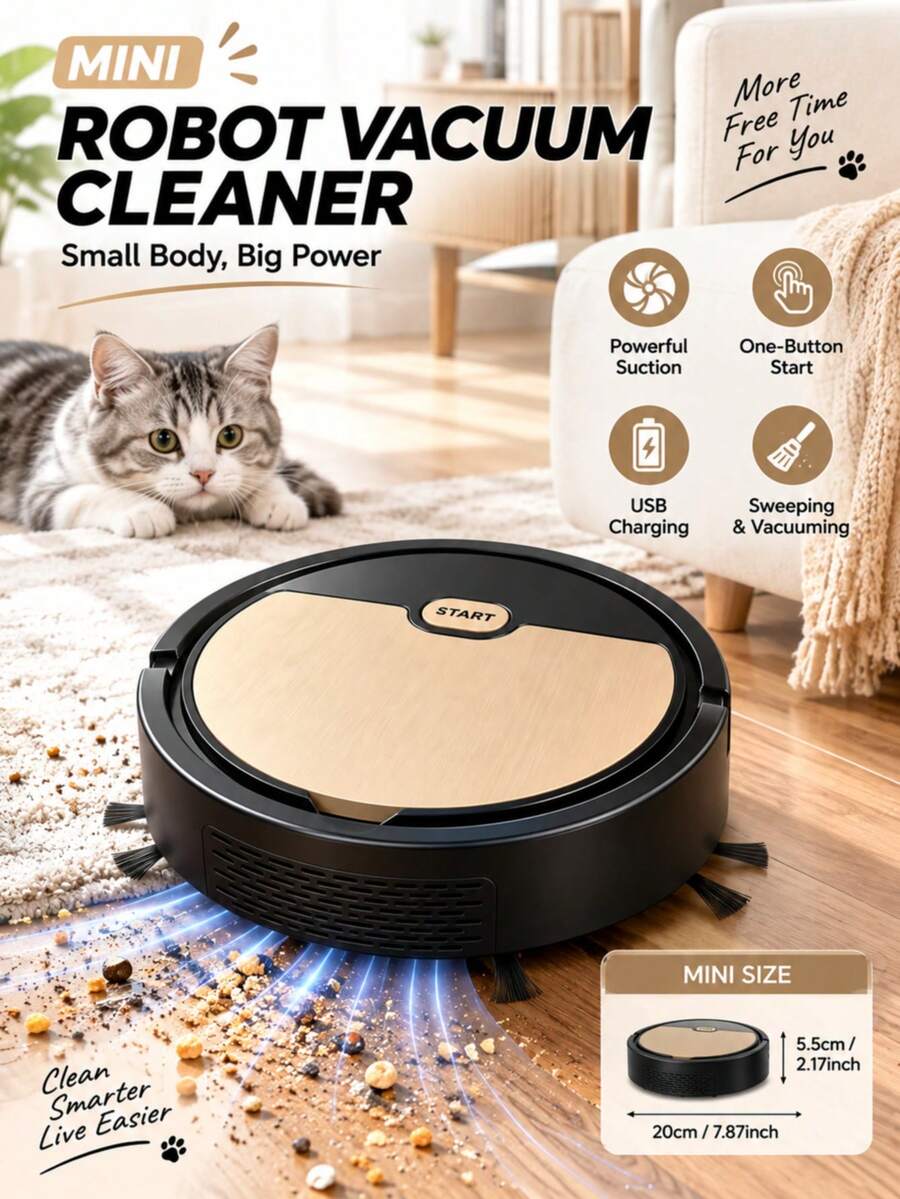 Robot Penyedot Debu Mini, Robot Penyapu Otomatis Isi Ulang USB, Cocok untuk Lantai Kayu, Lantai Keras, Bulu Hewan Peliharaan dan Debu Rumah Tangga untuk Pembersihan Harian, 800mAh - View 1