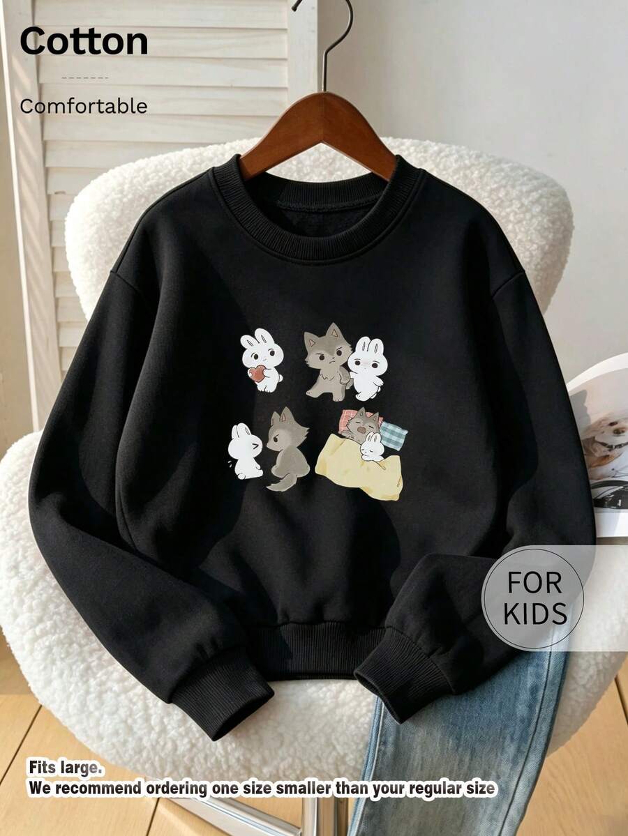 Children's Round Neck Sweatshirt, Cute Cartoon Wolf & Rabbit Pattern Printed Pure Cotton Pullover - Black - View 1