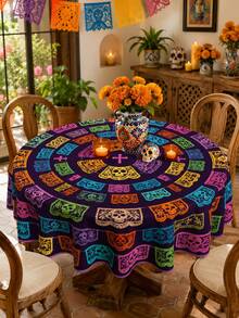 1 pieza Mantel redondo del Día de Muertos, mantel de poliéster con estampado de tiras de papel de calaveras coloridas, estilo mexicano para mesa de comedor, cocina, fiesta del Día de Muertos, celebración festiva y decoración del hogar - Multicolor - Ver 17