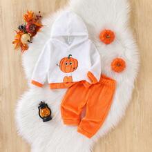 Baby Girl Pumpkin Plush Outfit, 6 Months-3 Years Halloween Hooded Top And Pants, Soft Warm Flannel, Holiday Party Set - Orange - View 1