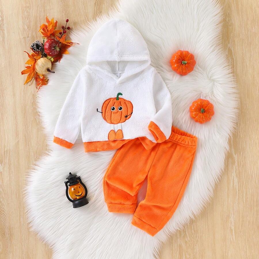 Baby Girl Pumpkin Plush Outfit, 6 Months-3 Years Halloween Hooded Top And Pants, Soft Warm Flannel, Holiday Party Set - Orange - View 1