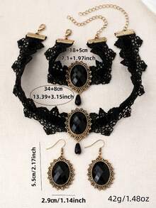 1PC Necklace + 2PCS Earrings + 1PC Bracelet Lace Gothic Style Fashion Niche Black Linear Floral Hollow Oval Design Jewelry Set - Black Line-art Floral Hollow Oval Set - View 2