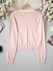 Fashionable Soft Pink Round Neck Tie-Front Knitted Cardigan Women's Autumn/Winter New Contrast Trim Loose Soft Sweet Sweater Jacket - Pink - View 7