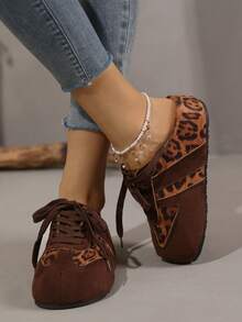 New Women's Comfortable Versatile Closed-Toe Half-Back Lace-Up Fashion Platform Thick Sole Suede Slip-On Hidden Height Casual Shoes Suitable For Daily Wear - Leopard Brown - View 5