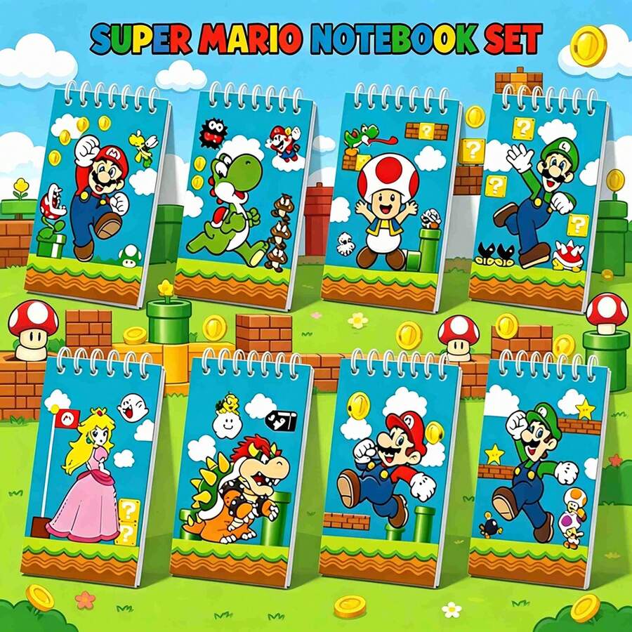 SUPER MARIO BROS. 1set/8pcs Classic Game Cartoon Coil Small Notebook Set, With Multiple Cute Character Covers, Portable And Small, Suitable For Taking Notes On The Go, Is A Super Practical Holiday Gift For Boys And Girls. (Stochastic Style) - Multicolor - View 1