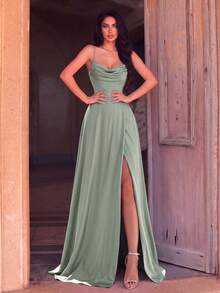 Faeriesty Elegant Spaghetti Strap Evening Gown With Ruched Bodice And High Slit Design - Formal Occasion Dress For Spring/Summer Fall Wedding - Mint Green - View 5