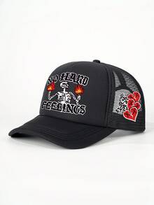 1pc 2026 New Breathable Mesh Cap, Flame Skull Rose Heart Embroidery Design, Suitable For Summer Outdoor Entertainment, Fashionable Outfit - Fire Skull - View 10