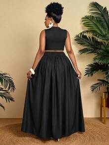BIUBIU Plus Size Formal Two Pieces Outfit For Women With Round Neck Sleeveless Crop Top And Palm Tree Print Maxi Skirt, Elegant Plus Size Co-Ord Set - Brown - View 2