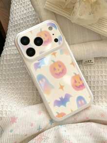 Dreamy Macaron Gradient Pumpkin Little Ghost Cartoon Print Phone Case, Raised Lens Anti-Scratch Wear-Resistant Glossy Full Coverage Anti-Drop TPU Soft Shell, Compatible With 11-18 Series, Korean Style Cute Halloween Phone Cover - White - View 3
