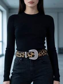 APLCSEY 1件女款黑色PU腰帶，配水鑽扣環，時尚百搭，適合日常穿著與購物 - 豹紋多色 - 查看 3