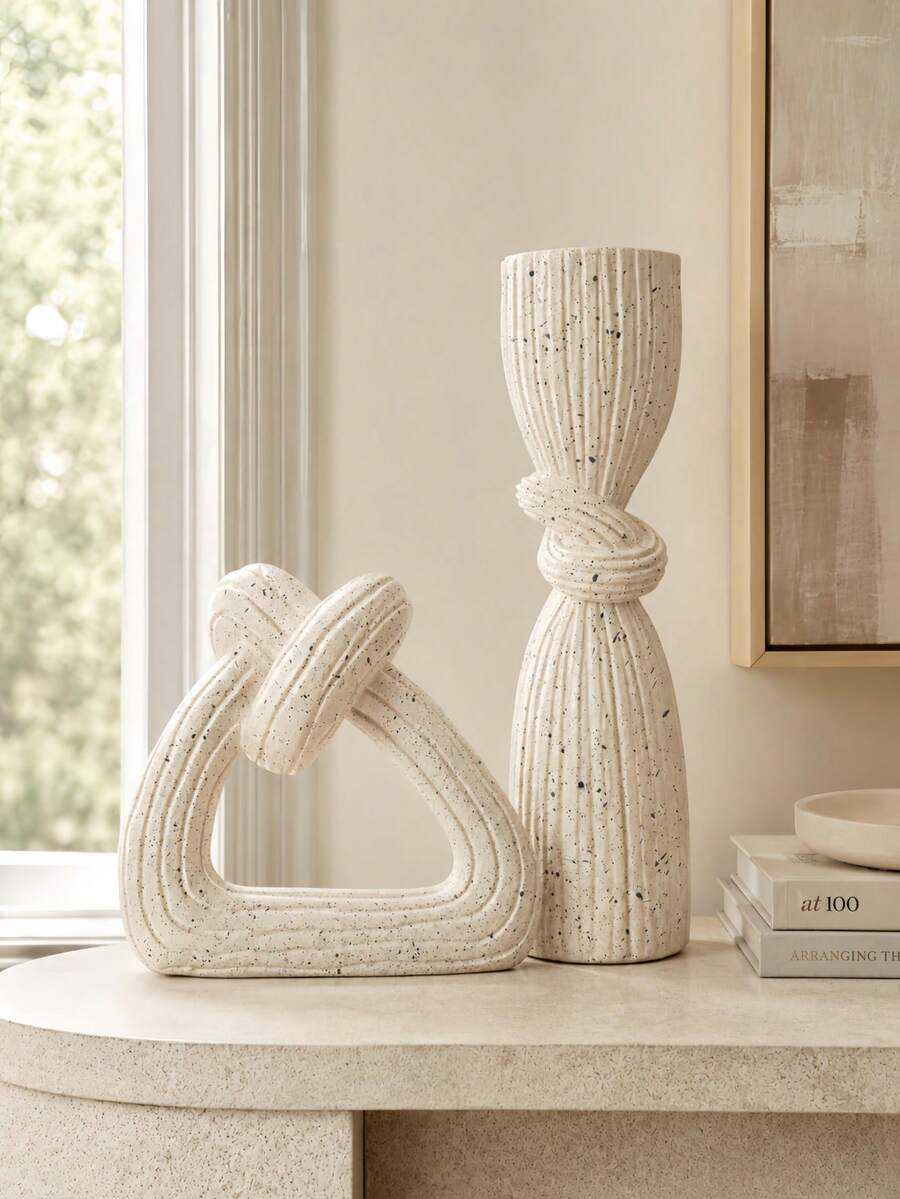 1pc Sandstone Color Knot Decor , Modern Abstract Ribbed Vase & Sculpture, Minimalist Wabi Sabi Home Decoration For Living Room Shelf Dining Table - Sandstone - View 1