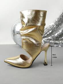 Sepatu Bot Ankle Wanita Warna Emas Metalik dengan Ujung Lancip dan Detail Kerut, Sepatu Hak Tinggi Stiletto Berongga, Sepatu Bot Fashion untuk Pesta dan Klub Malam - Emas - View 3