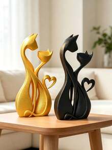 Abstract Couple Cat Figurine, Art Resin Style Cat Statue With Heart Detail, Decorative Animal Sculpture For Tabletop Living Room Bedroom Office Shelf Home Decor, Assorted Solid Colors - Multiple Styles - View 9