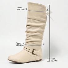 DENGWEISI Beige Slouchy Boots With Side Zipper, Flat Round Toe, Casual Comfortable Versatile Commute Daily Autumn/Winter High-Top Boots For Women Fashion - Beige - View 8