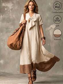 Women's Vintage Beige & Brown Patchwork Summer Short Sleeve Maxi Dress, V-Neck Bow Decor, Textured Soft Loose Wide Hem Bohemian Country Style, Suitable For Beach Vacation Festival Outfits - Apricot - View 2
