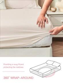 HONEYMOON 1pc Solid Color Soft Fitted Sheet 100% Polyester Fabric Lightweight Cloud-Like Touch Bedding Mattress Cover, Suitable For 9-12 Inch Deep Mattress, Soft Breathable Machine Washable, Shrink-Resistant, All Season, Four Corners Elastic, Different Sizes Suitable For Home And Dorm, Back To School Dorm Essential, Beige - Beige - View 7
