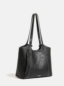 Tote Bag With Contrast Stitching And Metal Plaque Decor, Handheld Shoulder Large Capacity Multi-Compartment Storage, Open Top Closure, Minimalist Commuter Intellectual Style, Tote Bag, Women's Office Commute School Business Trip Daily Travel, Elegant Textured Versatile Popular Office Bag - Black - View 4