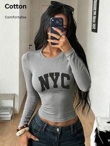 Autumn NYC ALL GIRLS TEAM SPORTS CLUB Printed Slim Fit Long Sleeve Crew Neck T-Shirt Base Layer - Grey - View 7